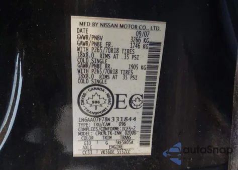 2008 Nissan Titan Pro-4X z USA, uszkodzony, nr VIN 1N6AA07F78N331844